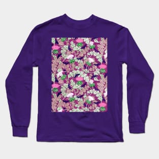 RAVENS,CICADAS AND PINK PURPLE THISTLES WITH GREEN LEAVES Art Nouveau Floral Pattern Long Sleeve T-Shirt